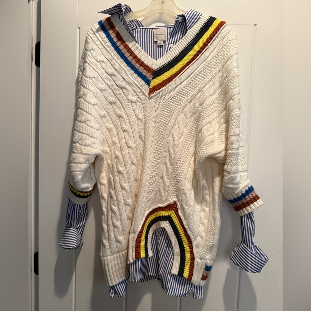 Maeve White Mixed Media Cable Knit Sweater with Multicolor Trim